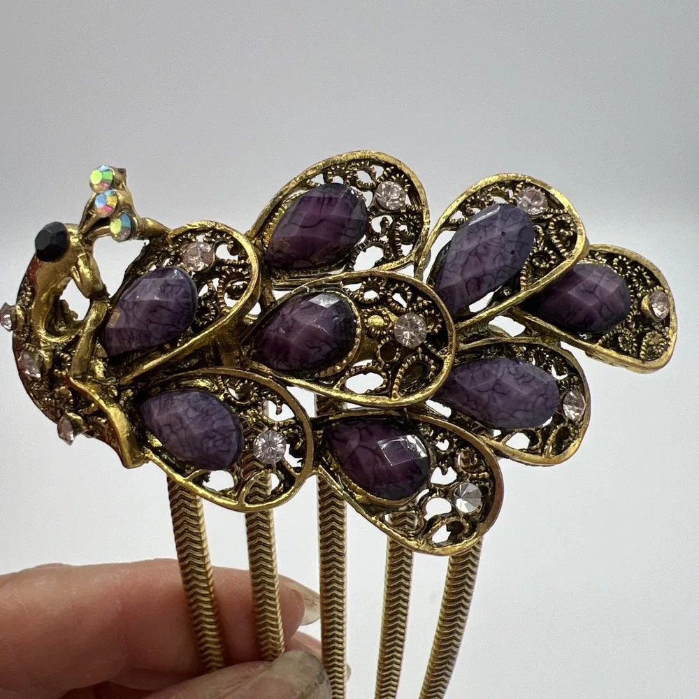 Peacock beads & Rhinestones Hair Comb purple , black and AB‎ gold tone